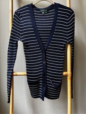 Ralph Lauren Navy and White Striped Ribbed Cardigan